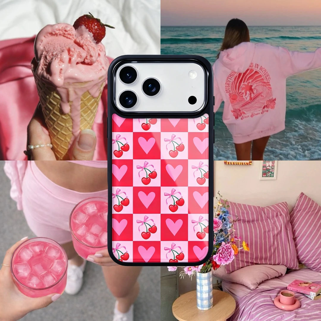 Cherry Heart Pink Checker Magsafe Cute Phone Cases - Glaze Finish With Shimmer Accents