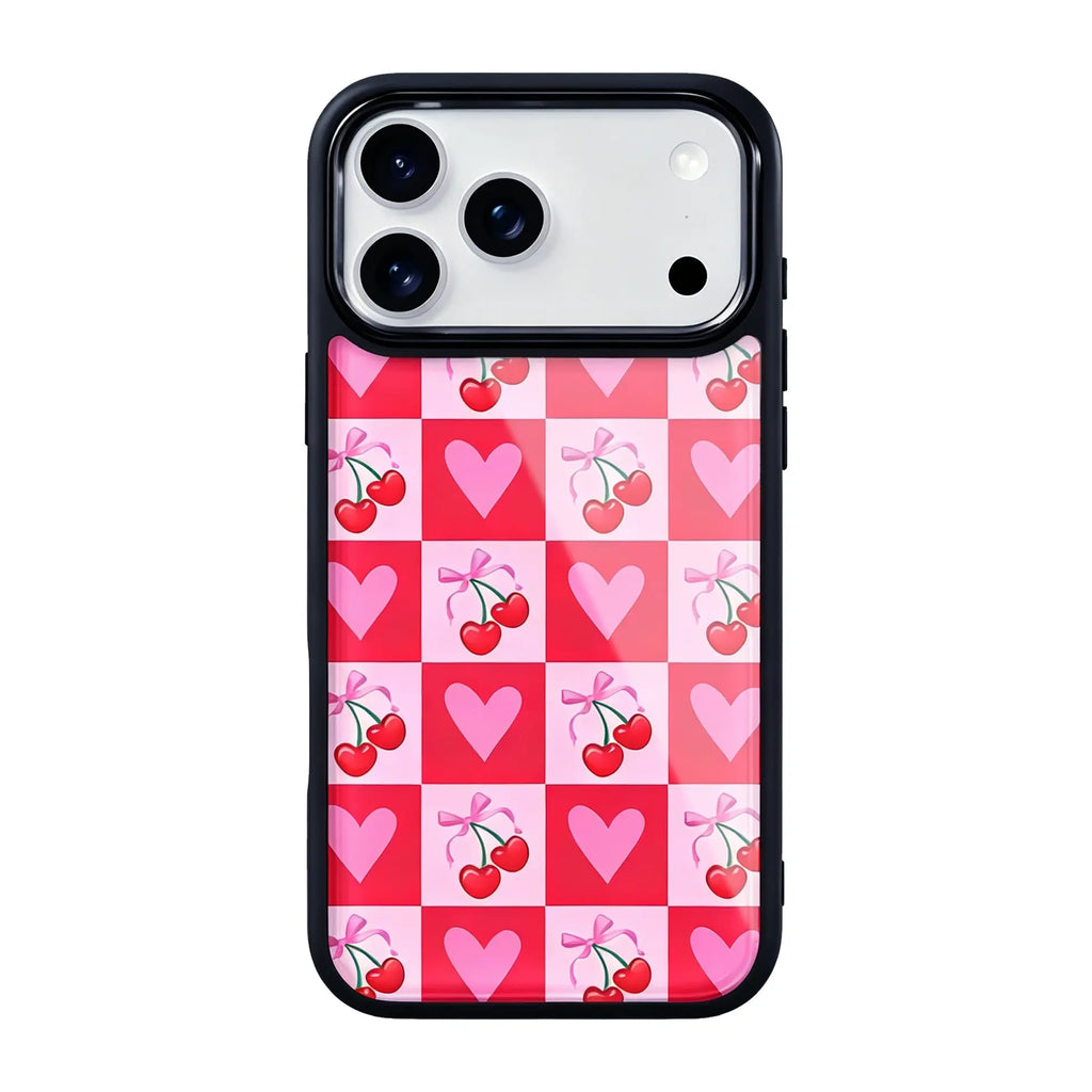 Cherry Heart Pink Checker Magsafe Cute Phone Cases - Glaze Finish With Shimmer Accents