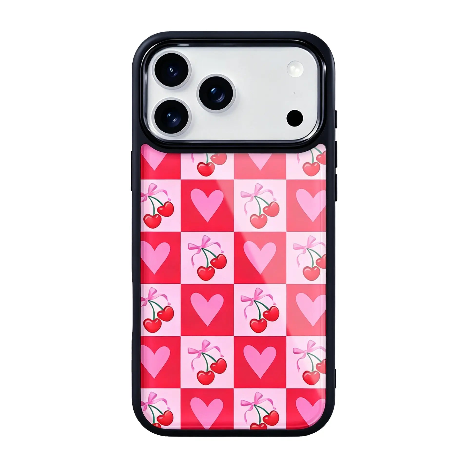 Cherry Heart Pink Checker Magsafe Cute Phone Cases - Glaze Finish With Shimmer Accents