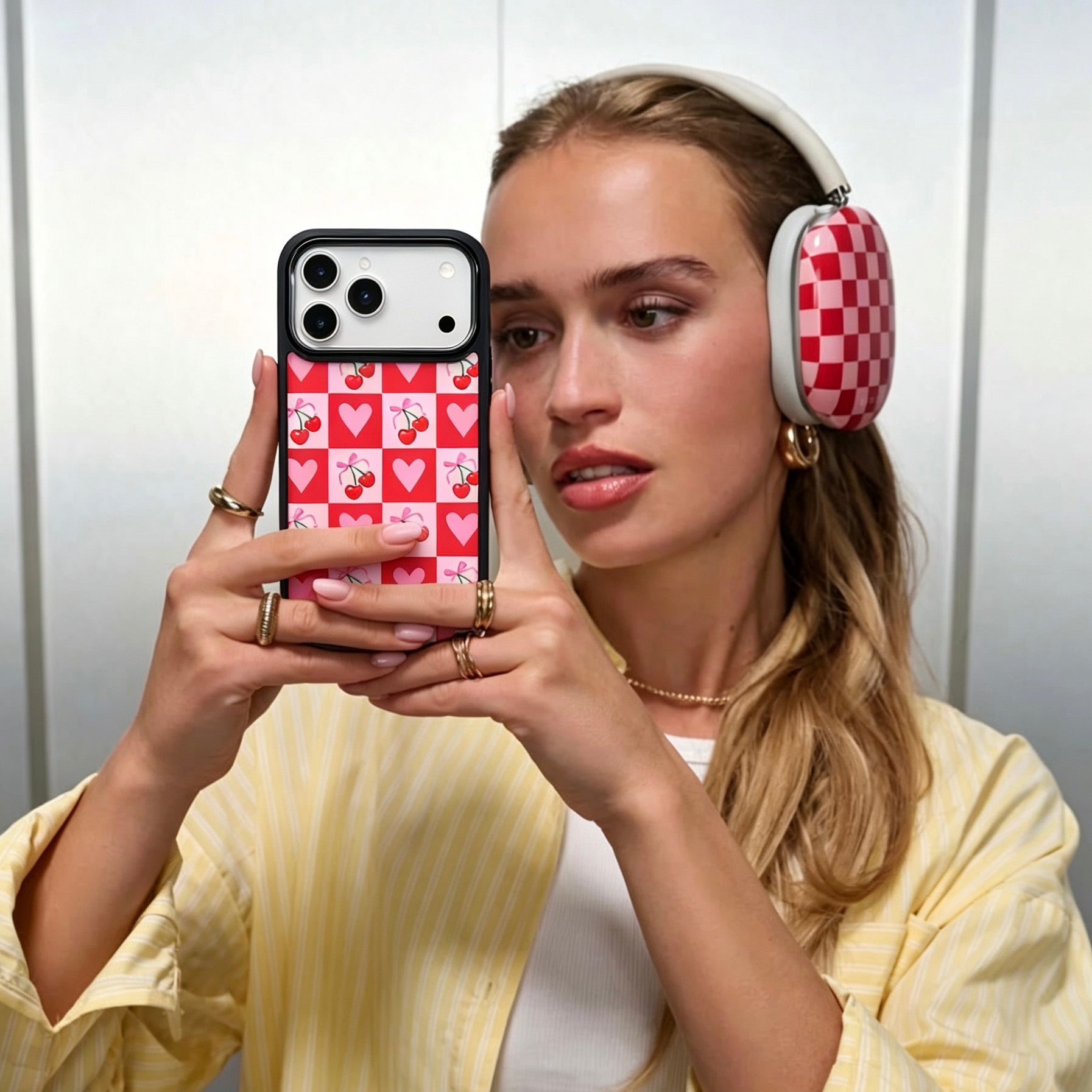 Cherry Heart Pink Checker Magsafe Cute Phone Cases - Glaze Finish With Shimmer Accents