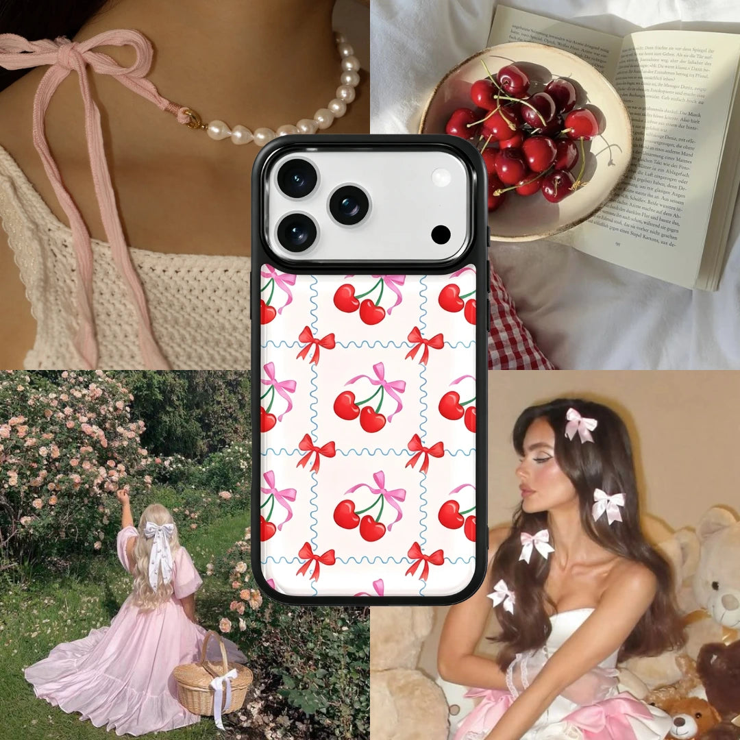 Cherry Coquette Bow Magsafe Cute Phone Cases - Glaze Finish With Shimmer Accents