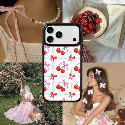 Cherry Coquette Bow Magsafe Cute Phone Cases - Glaze Finish With Shimmer Accents