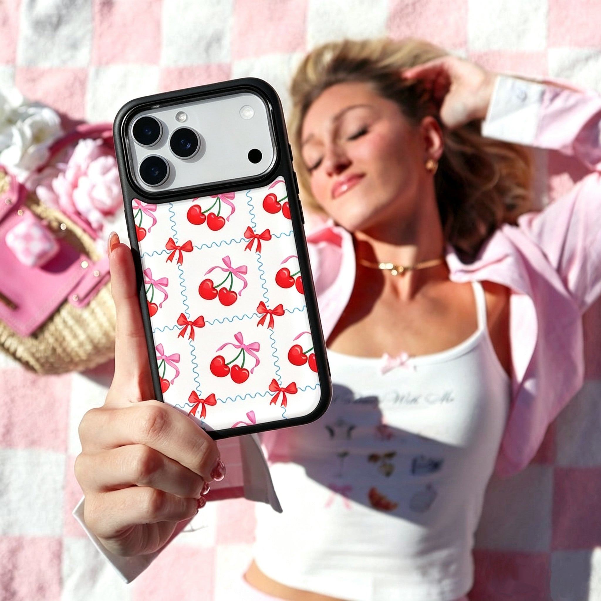 Cherry Coquette Bow Magsafe Cute Phone Cases - Glaze Finish With Shimmer Accents