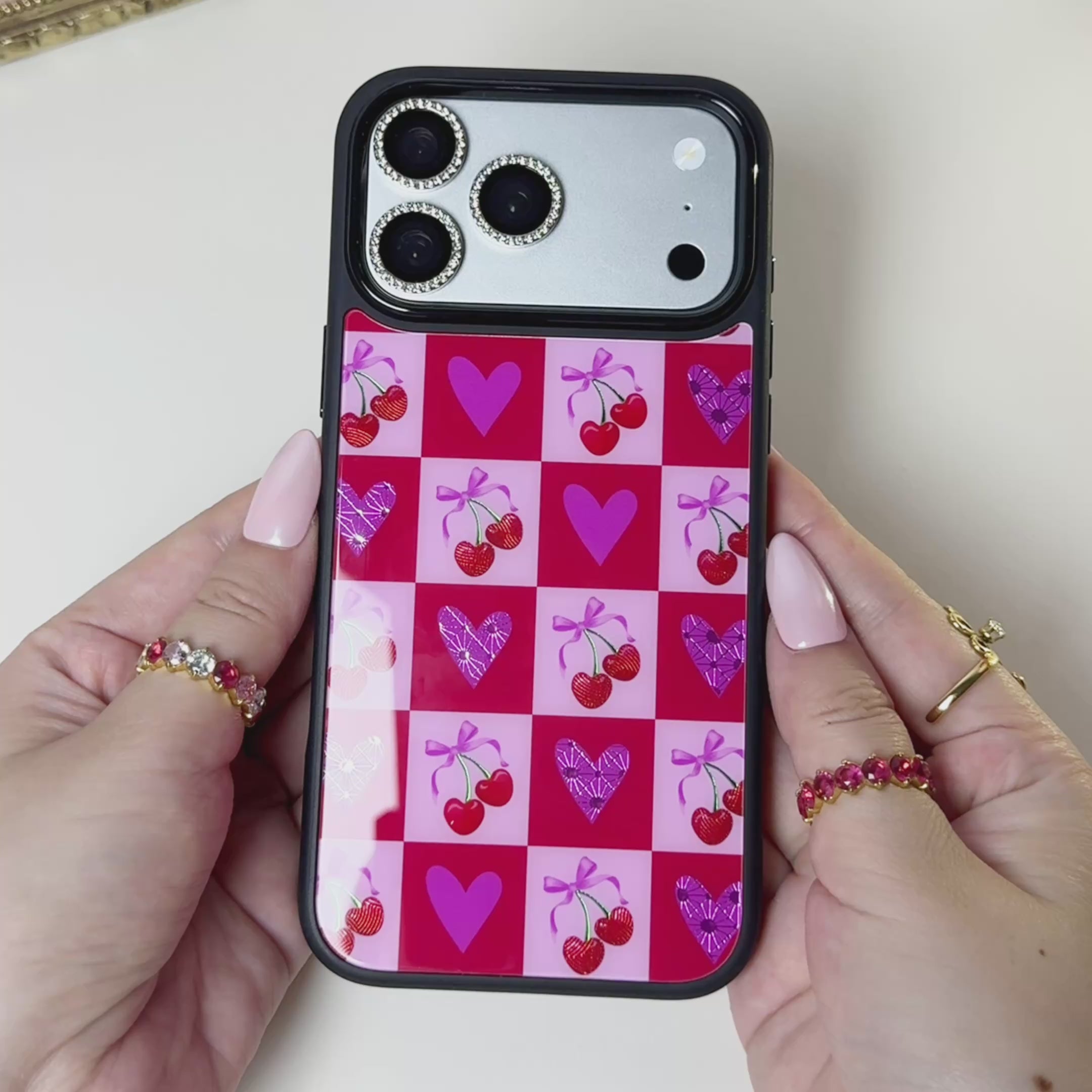 Cherry Heart Pink Checker Magsafe Cute Phone Cases - Glaze Finish With Shimmer Accents